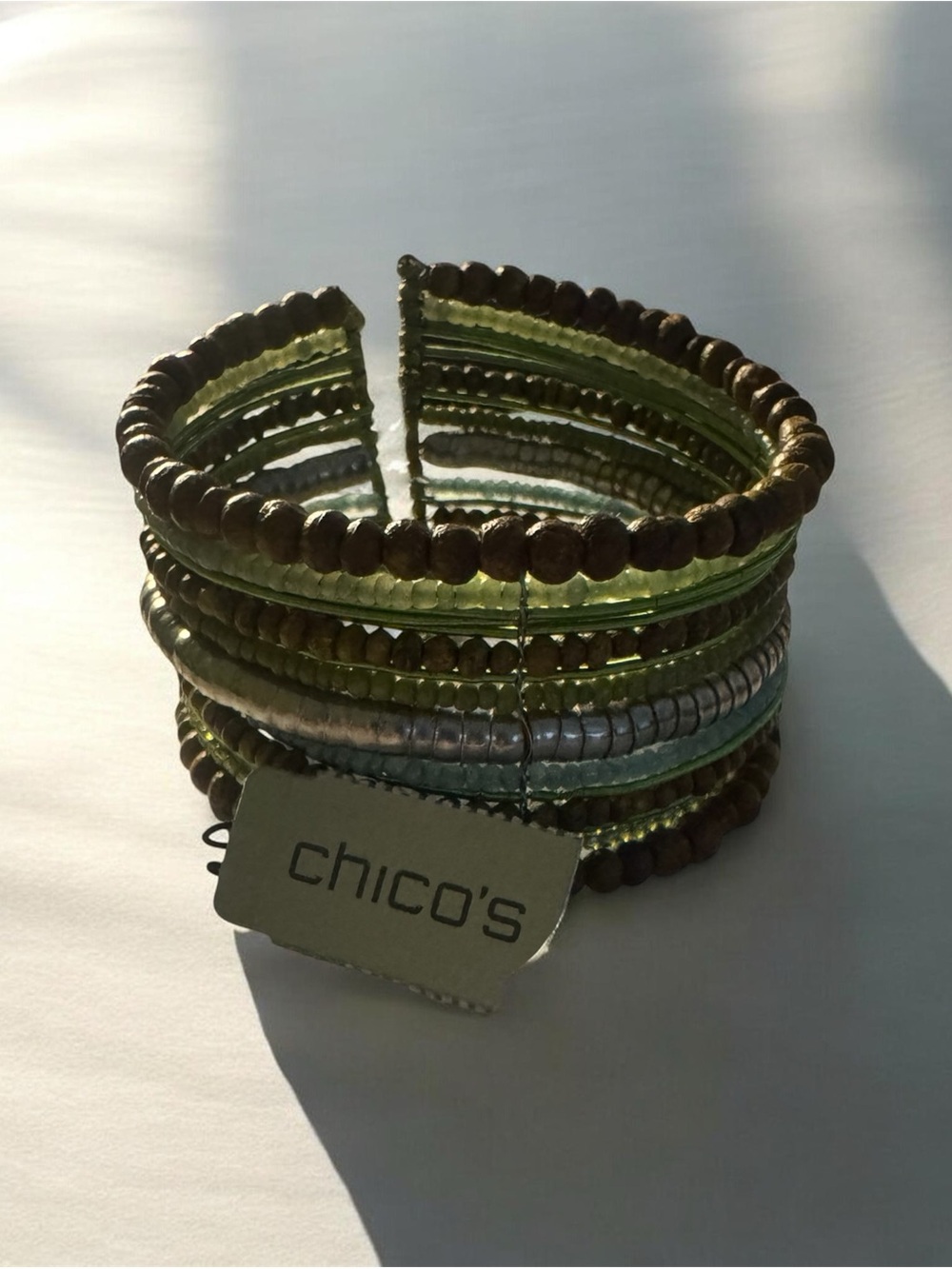 Chico's Green and Brown Multi-Row Beaded Coil Bracelet - Picture 1 of 7